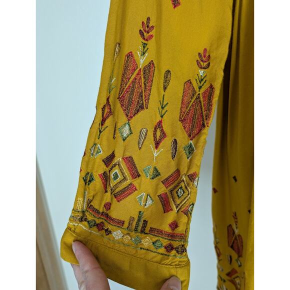 Womens S Boho Long Sleeve Dress Embroidered V Neck Gold Mustard Yellow Hippie - Picture 6 of 14